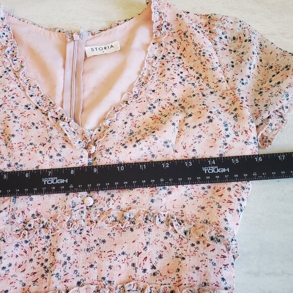 Storia Dress Women Small Pink Blue Tiered Mini Peasant Ditzy Floral Prarie Retro - Picture 8 of 16